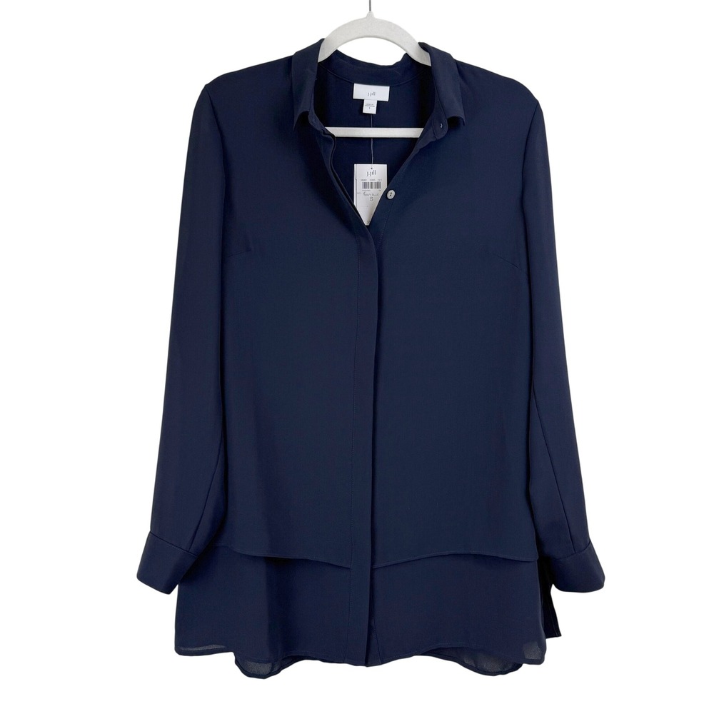 NEW J.Jill Navy NAVY Long Sleeve Button‎ Front Sheer Overlay Blouse Top WOMEN S